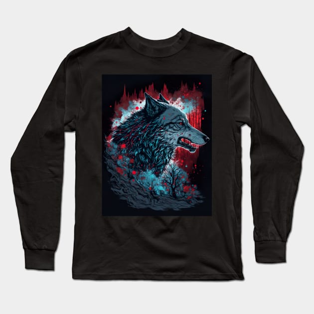 Wolf with red sky Long Sleeve T-Shirt by KoolArtDistrict